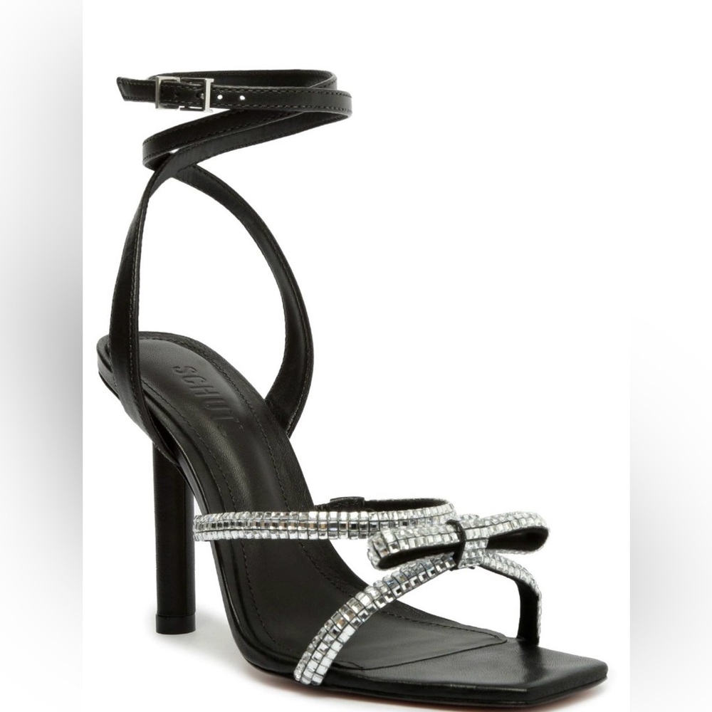 Schutz Earla Black and Silver Rhinestone Heeled Sandals